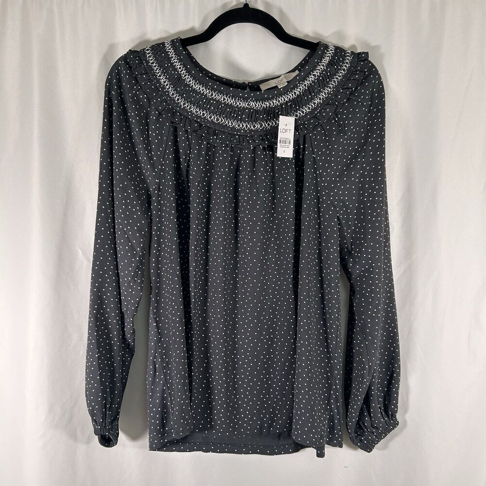 New Loft Blouse Womens Small Blue Grey Polka Dot Long Sleeve Round Neck Pullover